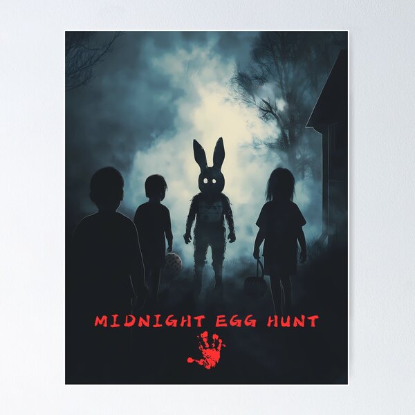 Item preview, Midnight Egg Hunt – Creepy Easter Bunny Horror Art with Red Text Overlay designed and sold by MysticCanvasAi.