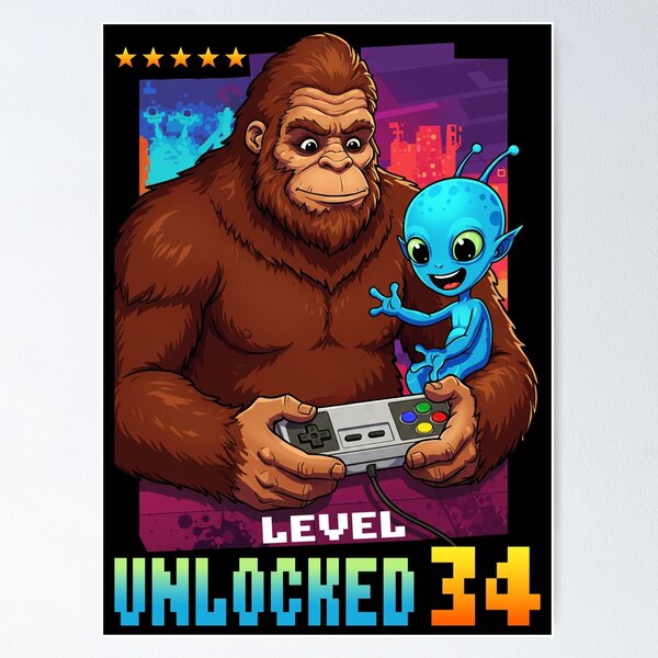 Item preview, Level 34 Unlocked, Birthday, Bigfoot and alien designed and sold by Megadorim.