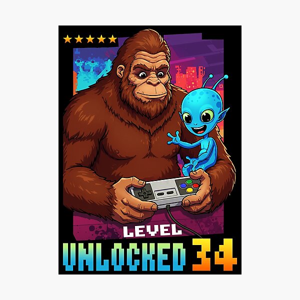 Item preview, Level 34 Unlocked, Birthday, Bigfoot and alien designed and sold by Megadorim.