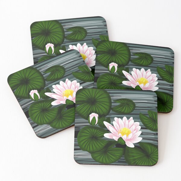 Item preview, beautiful white pink lotus flowers, water lily with leaves in the pond designed and sold by katecheerycake.