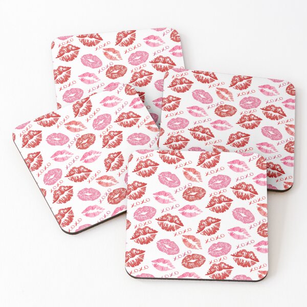 Item preview, Seamless pattern of lipstick kisses and "XOXO" text on black background.  designed and sold by MadameSayCheese.