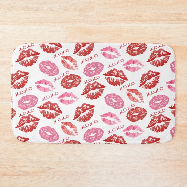 Item preview, Seamless pattern of lipstick kisses and "XOXO" text on black background.  designed and sold by MadameSayCheese.