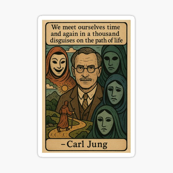 Vista previa del artículo con la obra «Póster con cita de Carl Jung: «Mil disfraces en el camino»», diseñado y vendido por TheoVerse.