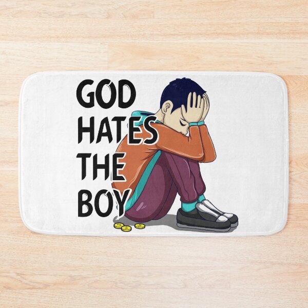 Item preview, Illustration of a text God Hates the boy, with Sad Boy Sitting Alone Depicting Emotional Struggle and Hardship designed and sold by ELF11design.