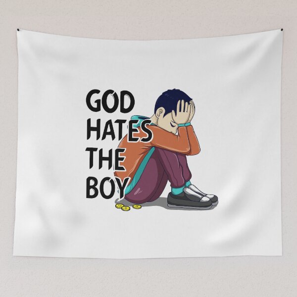 Item preview, Illustration of a text God Hates the boy, with Sad Boy Sitting Alone Depicting Emotional Struggle and Hardship designed and sold by ELF11design.