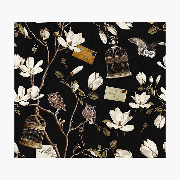 Item preview, Magnolia Grove with Owls in black designed and sold by Delinda Graphic Studio.