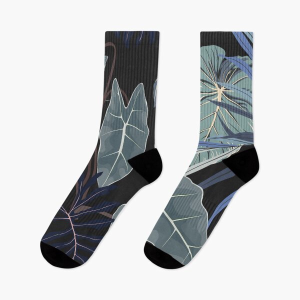 Item preview, Floral seamless pattern, Alocasia  plant, blue palm leaves on black background. designed and sold by MatyKotiv.