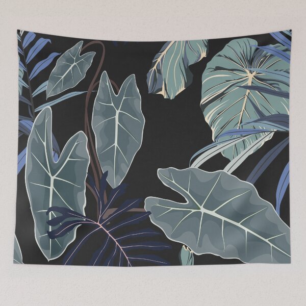 Item preview, Floral seamless pattern, Alocasia  plant, blue palm leaves on black background. designed and sold by MatyKotiv.
