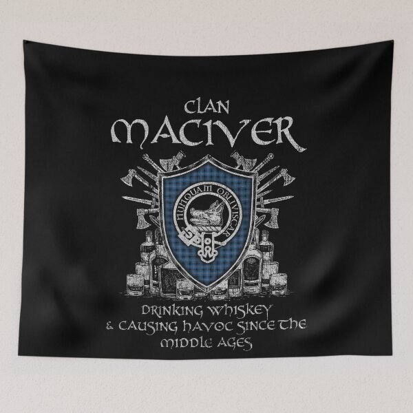 Item preview, Clan MacIver of Strome drinking whiskey and causing havoc heritage crest tartan plaid designed and sold by Clan1093.