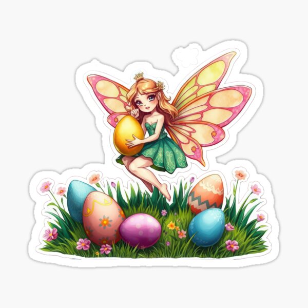 Item preview, Easter fairy with colored and eggs Sticker,funny easter,Happy Easter,Easter Day,easter illustration designed and sold by Expressions-Sel.