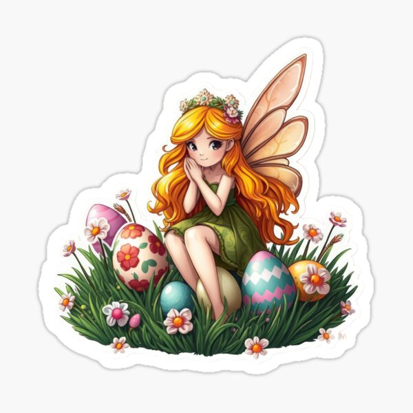 Item preview, cute Easter fairy with colored eggs Sticker,cute easter,Happy Easter,Easter Day,easter illustration designed and sold by Expressions-Sel.