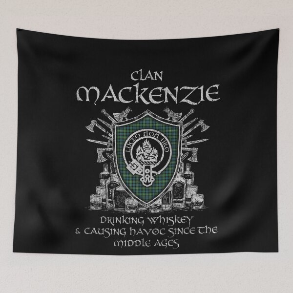 Item preview, Clan Mackenzie drinking whiskey and causing havoc heritage crest tartan plaid designed and sold by Clan1093.