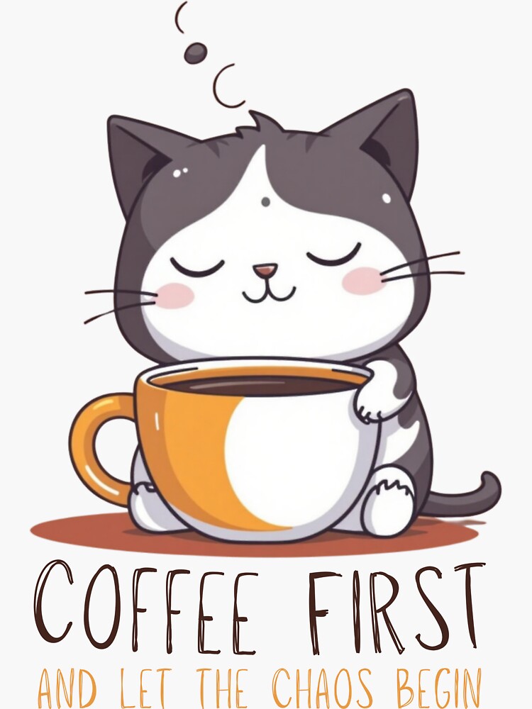 Thumbnail 3 of 3, Sticker, Coffee first and let the chaos begin - cute kawaii cat coffee lover designed and sold by MBAW-UpSideDown.