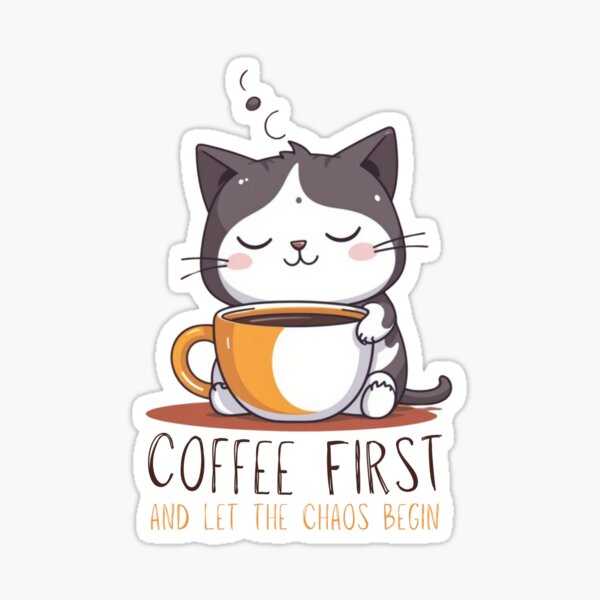 Artikel-Vorschau von Erst Kaffee und dann kann das Chaos beginnen - süße Kawaii-Katze, die Kaffee liebt, designt und verkauft von Upside Down Studio.