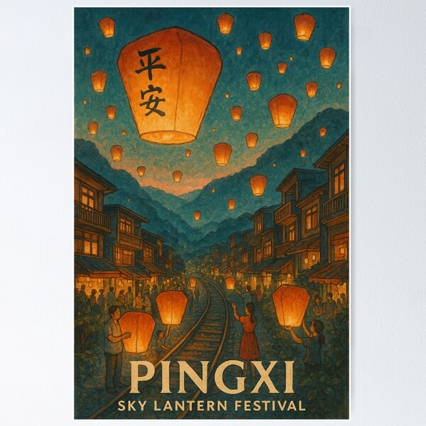 Item preview, Pingxi Lantern Festival Night Scene with Floating Lanterns designed and sold by placesonearth.