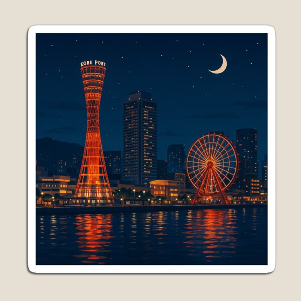 Aperçu de l'œuvre Nuit romantique au port de Kobe – Lumières de la ville et eaux calmes créée et vendue par NihonKamonScape.