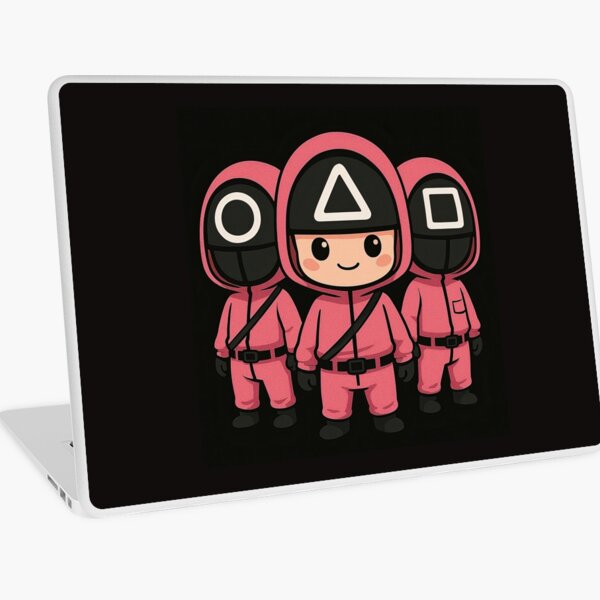 Item preview, Squid Game guards in cute cartoon style, wearing pink hooded suits, circle, triangle, square masks, standing together on black background, smiling center. designed and sold by MystiS.