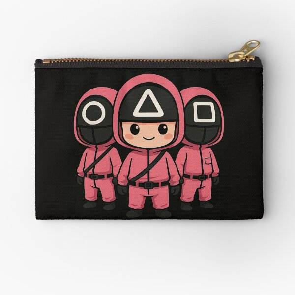 Item preview, Squid Game guards in cute cartoon style, wearing pink hooded suits, circle, triangle, square masks, standing together on black background, smiling center. designed and sold by MystiS.