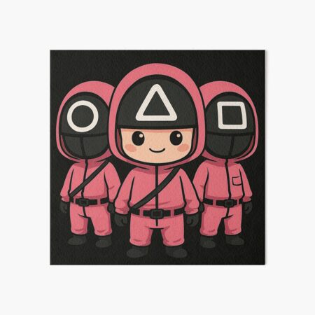 Item preview, Squid Game guards in cute cartoon style, wearing pink hooded suits, circle, triangle, square masks, standing together on black background, smiling center. designed and sold by MystiS.