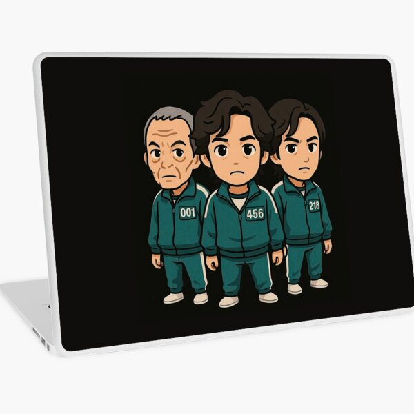 Item preview, Squid Game characters in cartoon style wearing green tracksuits, numbered 001, 456, and 218, standing side by side on dark background, serious looks. designed and sold by MystiS.