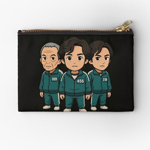 Item preview, Squid Game characters in cartoon style wearing green tracksuits, numbered 001, 456, and 218, standing side by side on dark background, serious looks. designed and sold by MystiS.