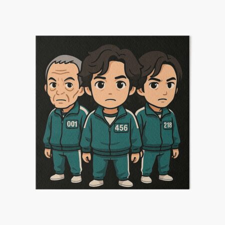 Item preview, Squid Game characters in cartoon style wearing green tracksuits, numbered 001, 456, and 218, standing side by side on dark background, serious looks. designed and sold by MystiS.
