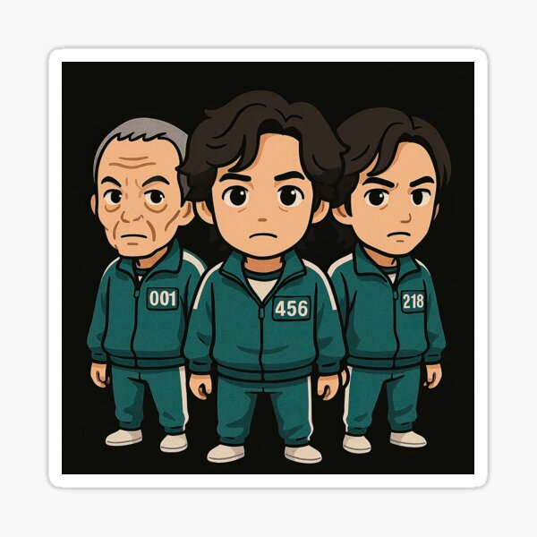 Item preview, Squid Game characters in cartoon style wearing green tracksuits, numbered 001, 456, and 218, standing side by side on dark background, serious looks. designed and sold by MystiS.