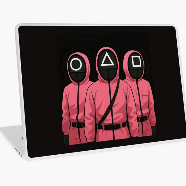 Item preview, Squid Game guards in cute cartoon style, wearing pink hooded suits, circle, triangle, square masks, standing together on black background, smiling center. designed and sold by MystiS.