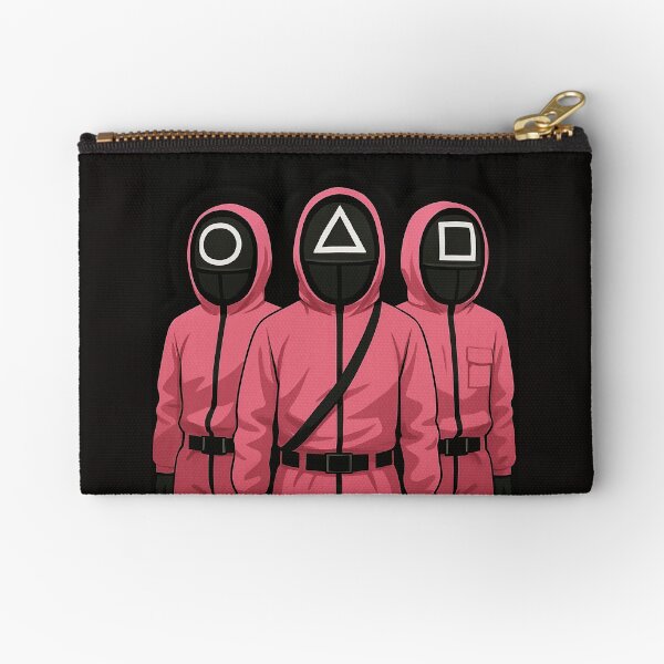 Item preview, Squid Game guards in cute cartoon style, wearing pink hooded suits, circle, triangle, square masks, standing together on black background, smiling center. designed and sold by MystiS.