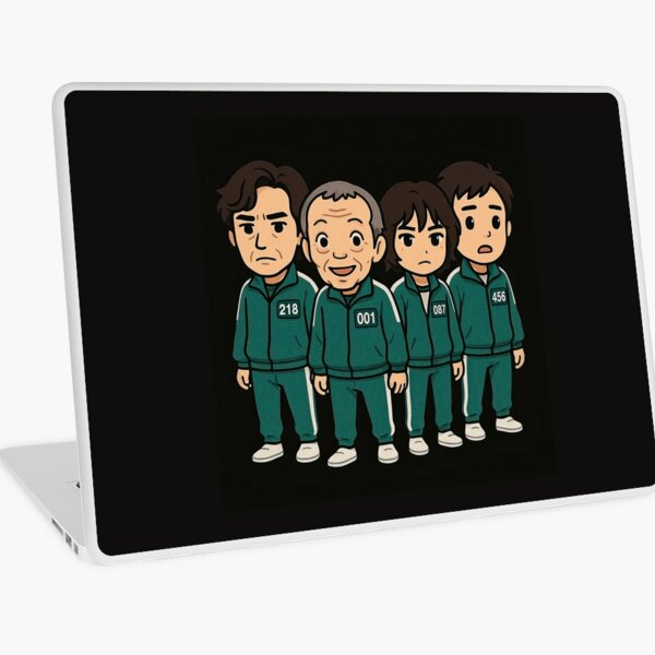 Item preview, Squid Game characters in cartoon style wearing green tracksuits, numbered 001, 456, and 218, standing side by side on dark background, serious looks. designed and sold by MystiS.