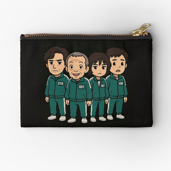 Item preview, Squid Game characters in cartoon style wearing green tracksuits, numbered 001, 456, and 218, standing side by side on dark background, serious looks. designed and sold by MystiS.