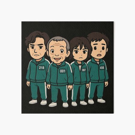 Item preview, Squid Game characters in cartoon style wearing green tracksuits, numbered 001, 456, and 218, standing side by side on dark background, serious looks. designed and sold by MystiS.