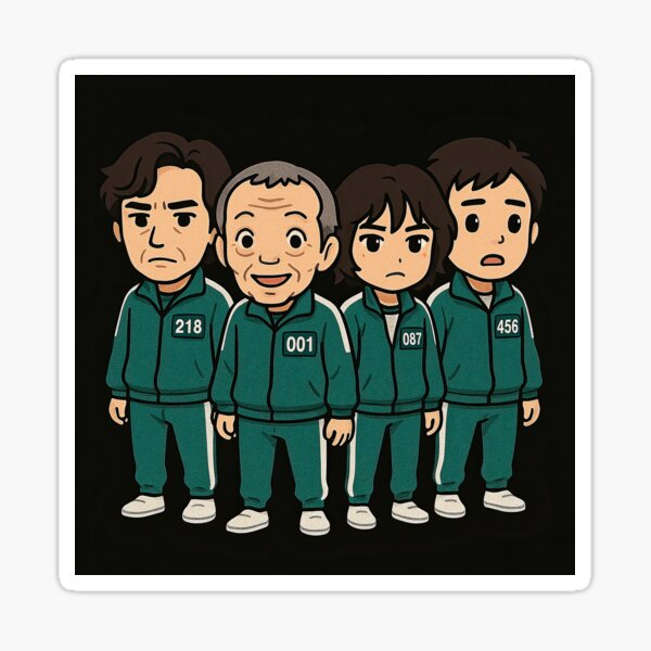 Item preview, Squid Game characters in cartoon style wearing green tracksuits, numbered 001, 456, and 218, standing side by side on dark background, serious looks. designed and sold by MystiS.