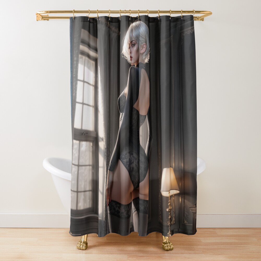 A Timeless Portrait of the Mysterious Platinum Blonde Eloise Vanier AI Concept Art by Xzendor7 | A Elegant Beauty Of Noir 4 A Timeless Portrait of the Mysterious Platinum Blonde Eloise Vanier Sensual AI Concept Art by Xzendor7 Decorative Art Print Shower Curtain