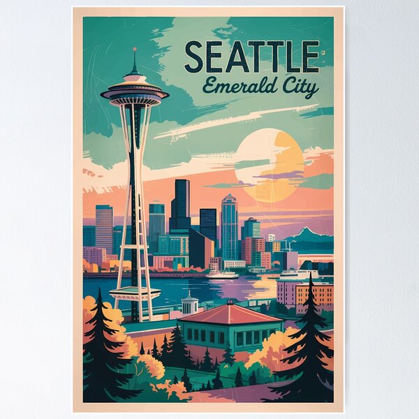 Item preview, Seattle Washington Skyline Travel Art Vintage designed and sold by KrisSidDesigns.