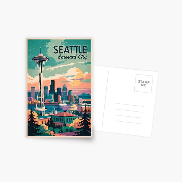 Item preview, Seattle Washington Skyline Travel Art Vintage designed and sold by KrisSidDesigns.