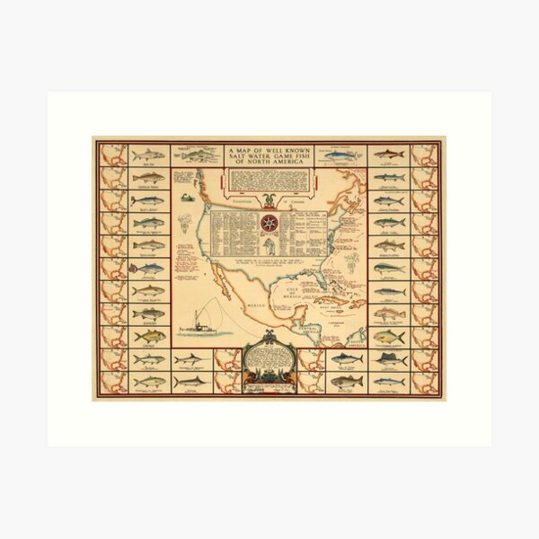 Item preview, Salt Water Fish Map 1936 designed and sold by mollyfare.