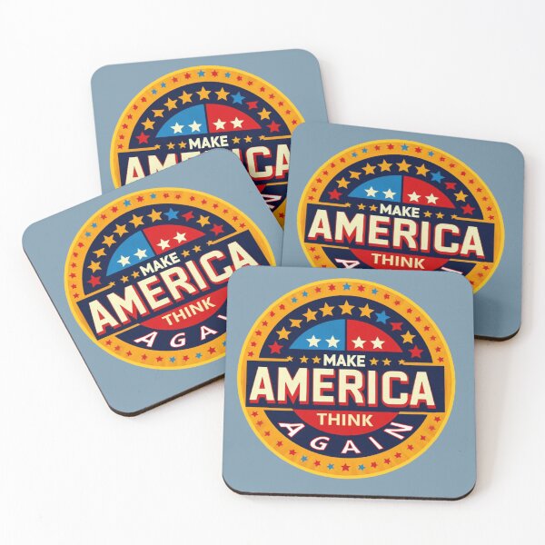 Item preview, Political banner on a round shield opposing Trump's MAGA, with slogan: Make America think again designed and sold by JaroDesign2023.