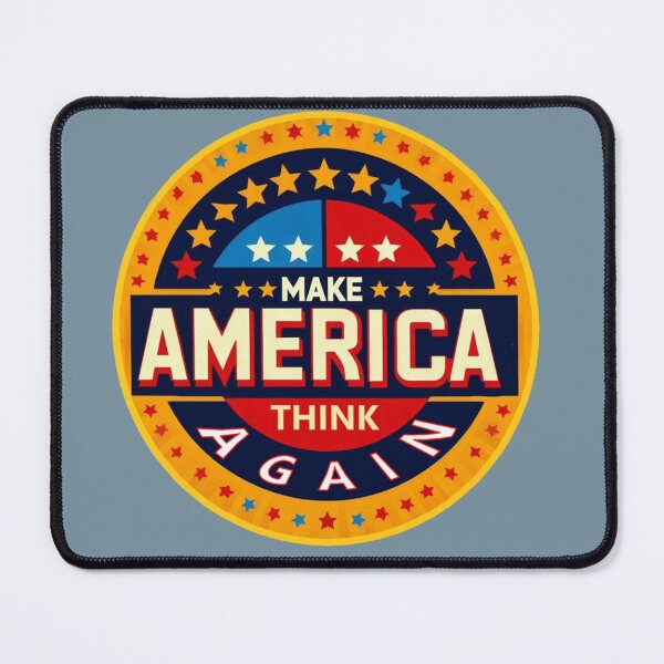Item preview, Political banner on a round shield opposing Trump's MAGA, with slogan: Make America think again designed and sold by JaroDesign2023.