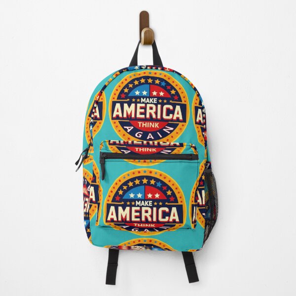 Item preview, Political banner on a round shield opposing Trump's MAGA, with slogan: Make America think again designed and sold by JaroDesign2023.