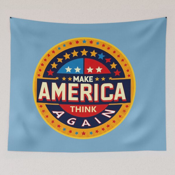 Item preview, Political banner on a round shield opposing Trump's MAGA, with slogan: Make America think again designed and sold by JaroDesign2023.