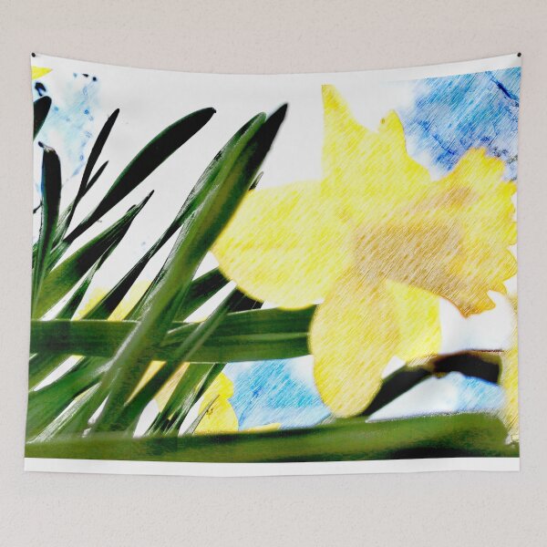 Item preview, Minimalist spring yellow flower and blue sky. Iris. This is a digitally edited photograph with artistic filters applied." designed and sold by TAnnao.