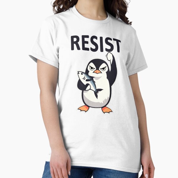 Vista previa del artículo con la obra «Los pingüinos resisten, protestan, pingüinos contra los aranceles 2», diseñado y vendido por mipasuteru.