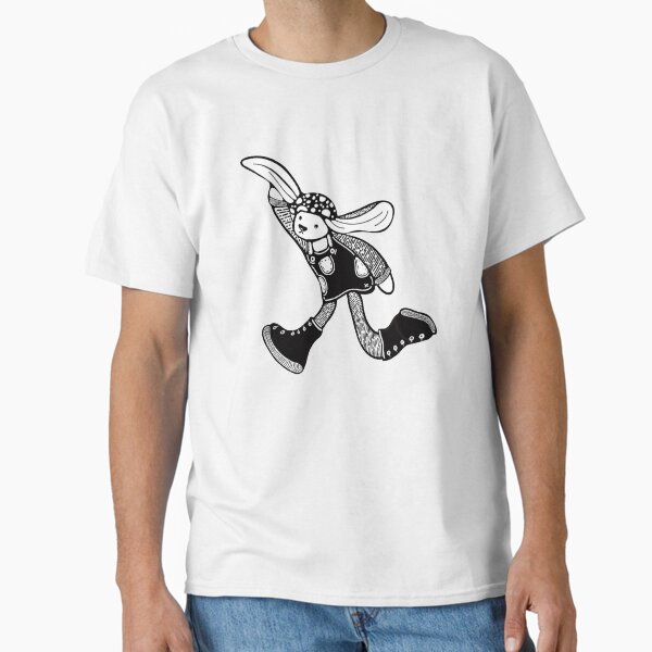 Item preview, Running bunny black line drawing with mushroom hat and rubber boots.  designed and sold by LayerCakeDigDes.