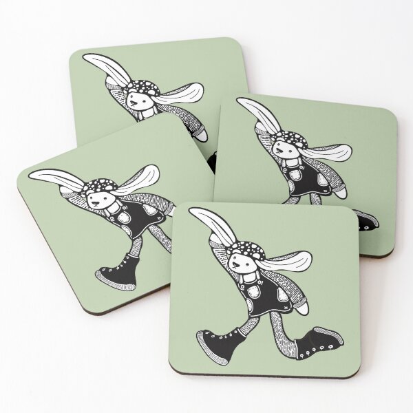 Item preview, Running bunny black line drawing with mushroom hat and rubber boots.  designed and sold by LayerCakeDigDes.
