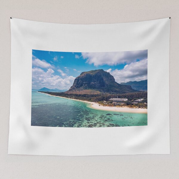 Item preview, Tropical scenery, beautiful beaches of Mauritius island, Le Morne, popular luxury resort. Le Morne beach luxury resorts, Mauritius. Luxury beach in Mauritius, sandy beach with palms and blue ocean.  designed and sold by Framed Horizons.