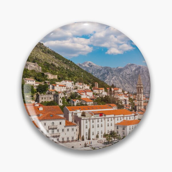 Item preview, View of the historic town of Perast at famous Bay of Kotor on a beautiful sunny day with blue sky and clouds in summer, Montenegro. Historic city of Perast at Bay of Kotor in summer, Montenegro. designed and sold by Framed Horizons.