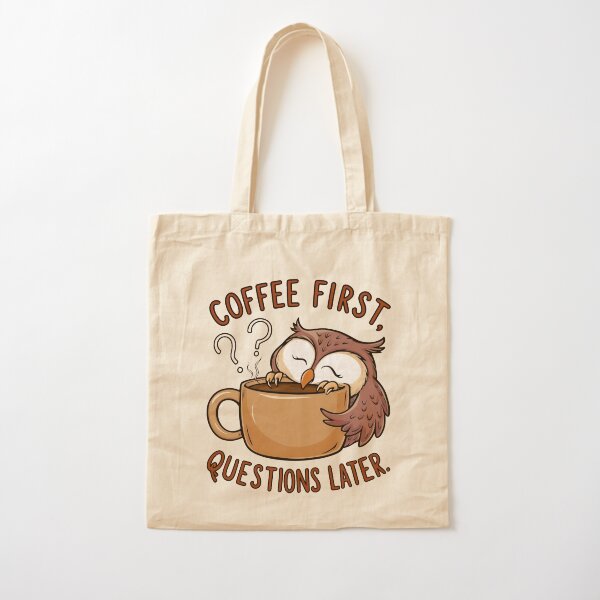 Item preview, Sleepy owl clutching a giant coffee mug.Warm, cozy colors and a hand-drawn, playful style "Coffee First, Questions Later"  Perfect for caffeine lovers! designed and sold by Lucija1107.