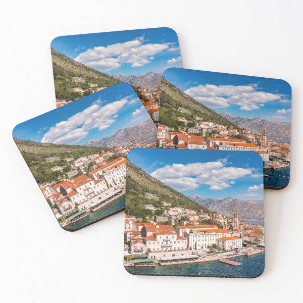 Item preview, View of the historic town of Perast at famous Bay of Kotor on a beautiful sunny day with blue sky and clouds in summer, Montenegro. Historic city of Perast at Bay of Kotor in summer, Montenegro. designed and sold by Framed Horizons.