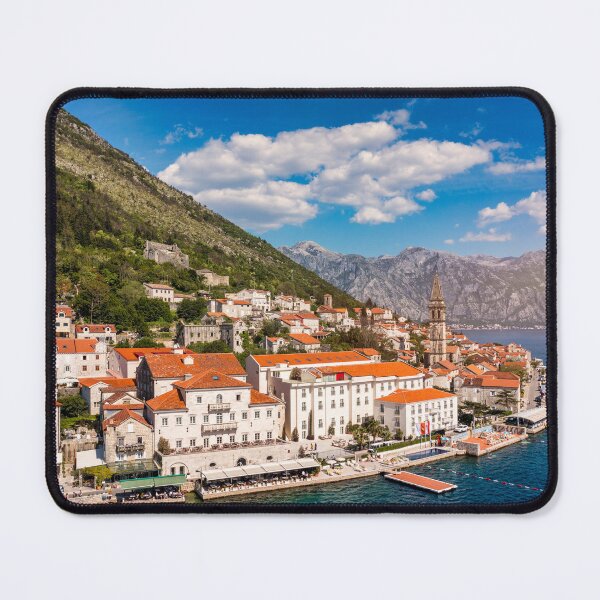 Item preview, View of the historic town of Perast at famous Bay of Kotor on a beautiful sunny day with blue sky and clouds in summer, Montenegro. Historic city of Perast at Bay of Kotor in summer, Montenegro. designed and sold by Framed Horizons.